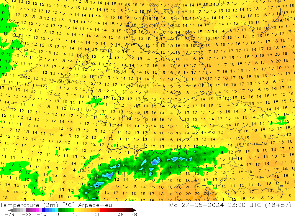 Sıcaklık Haritası (2m) Arpege-eu Pzt 27.05.2024 03 UTC