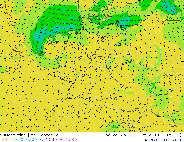 Vento 10 m Arpege-eu Sáb 25.05.2024 06 UTC