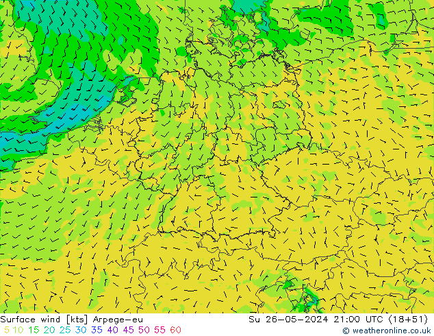 Vento 10 m Arpege-eu dom 26.05.2024 21 UTC