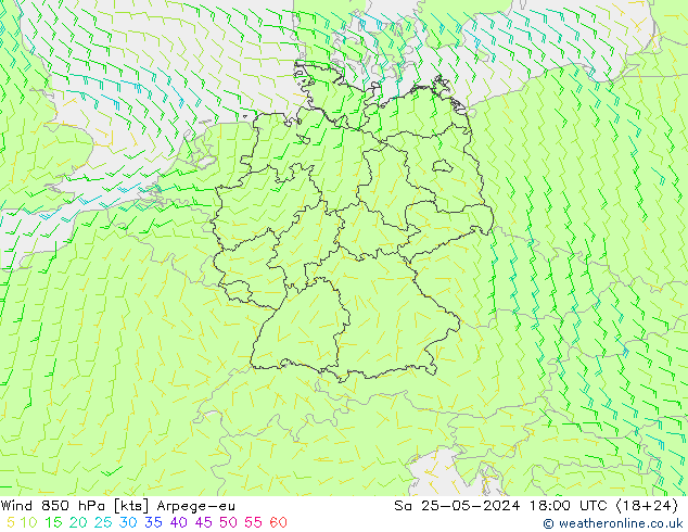 Vento 850 hPa Arpege-eu sab 25.05.2024 18 UTC