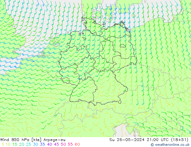 Vento 850 hPa Arpege-eu dom 26.05.2024 21 UTC