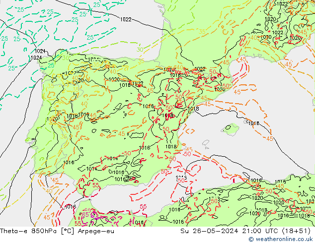 Theta-e 850hPa Arpege-eu Paz 26.05.2024 21 UTC