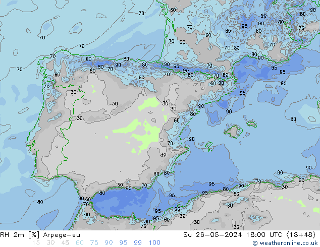 RH 2m Arpege-eu Su 26.05.2024 18 UTC