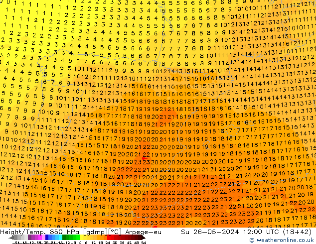 Height/Temp. 850 hPa Arpege-eu nie. 26.05.2024 12 UTC