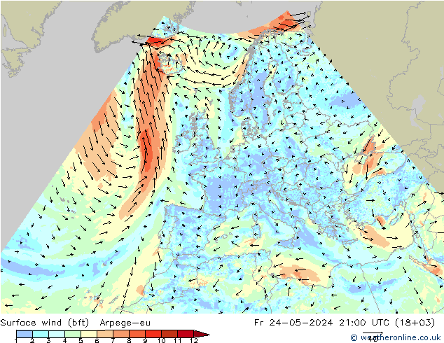 Vent 10 m (bft) Arpege-eu ven 24.05.2024 21 UTC