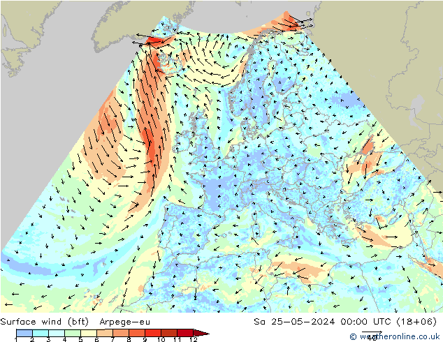 Viento 10 m (bft) Arpege-eu sáb 25.05.2024 00 UTC