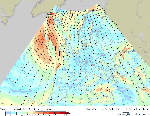 wiatr 10 m (bft) Arpege-eu so. 25.05.2024 12 UTC