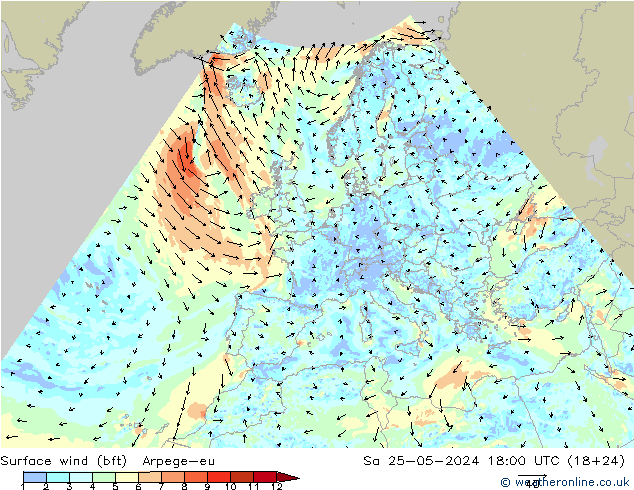 Surface wind (bft) Arpege-eu Sa 25.05.2024 18 UTC
