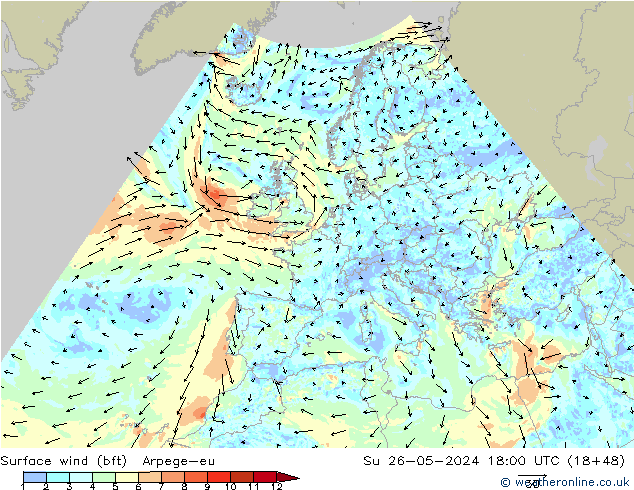 Vento 10 m (bft) Arpege-eu dom 26.05.2024 18 UTC