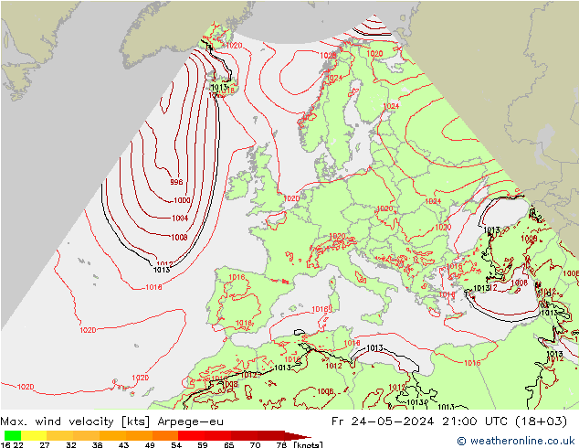 Max. wind velocity Arpege-eu 星期五 24.05.2024 21 UTC