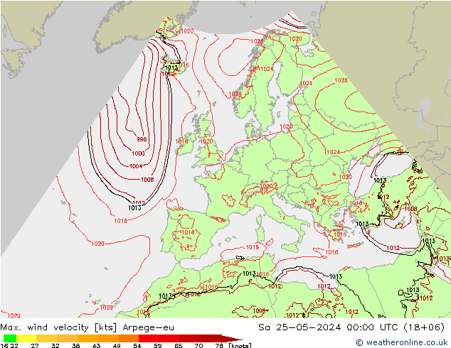 Max. wind velocity Arpege-eu Sa 25.05.2024 00 UTC