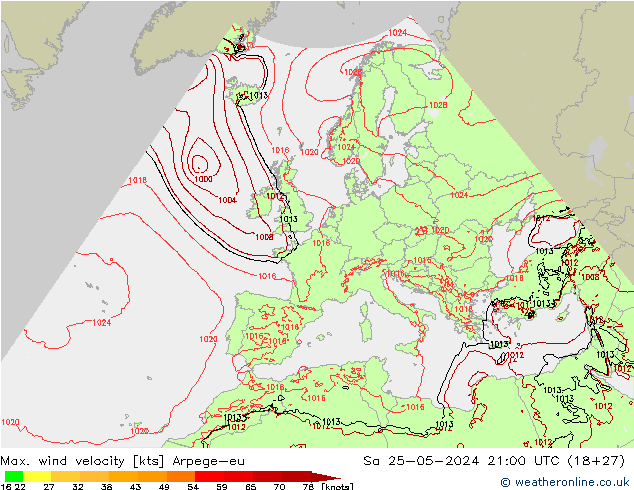 Max. wind velocity Arpege-eu sam 25.05.2024 21 UTC