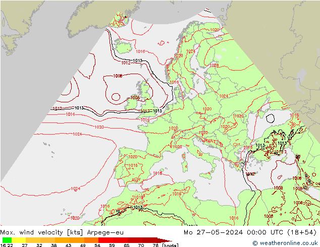 Max. wind velocity Arpege-eu Mo 27.05.2024 00 UTC