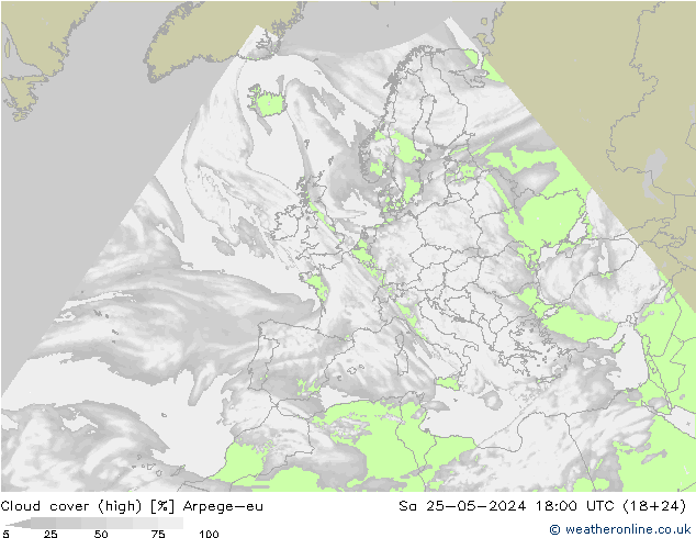 Cloud cover (high) Arpege-eu Sa 25.05.2024 18 UTC