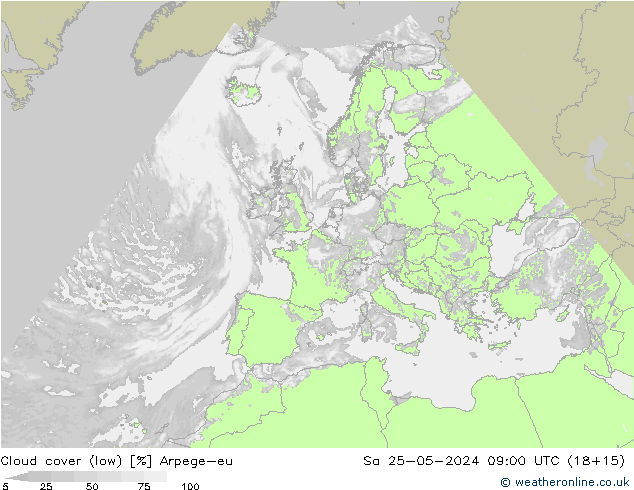 Cloud cover (low) Arpege-eu Sa 25.05.2024 09 UTC