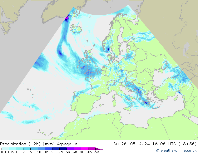 Précipitation (12h) Arpege-eu dim 26.05.2024 06 UTC