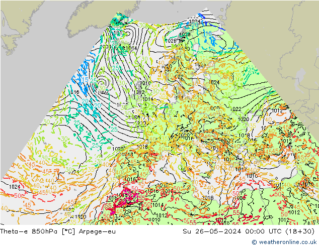 Theta-e 850hPa Arpege-eu dom 26.05.2024 00 UTC