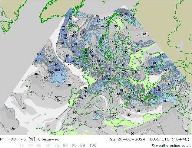 RH 700 hPa Arpege-eu nie. 26.05.2024 18 UTC