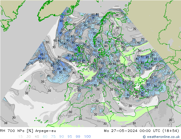 RH 700 hPa Arpege-eu Mo 27.05.2024 00 UTC