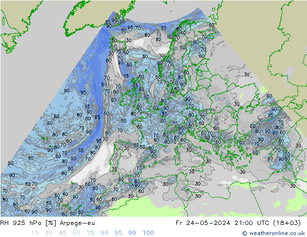 Humidité rel. 925 hPa Arpege-eu ven 24.05.2024 21 UTC