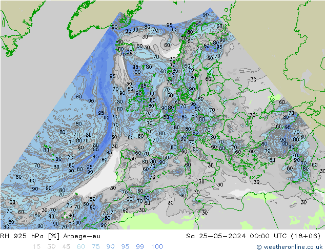 RH 925 hPa Arpege-eu so. 25.05.2024 00 UTC