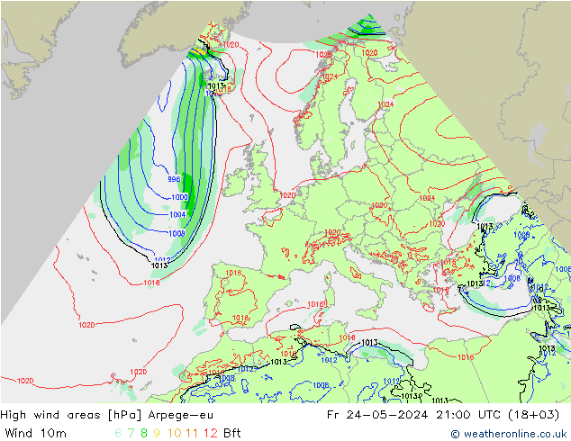 High wind areas Arpege-eu 星期五 24.05.2024 21 UTC