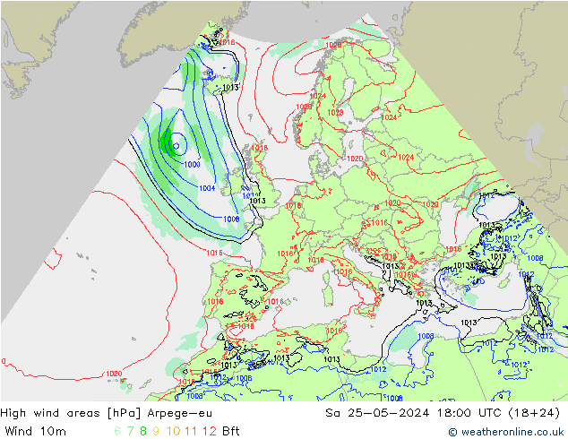 High wind areas Arpege-eu sab 25.05.2024 18 UTC