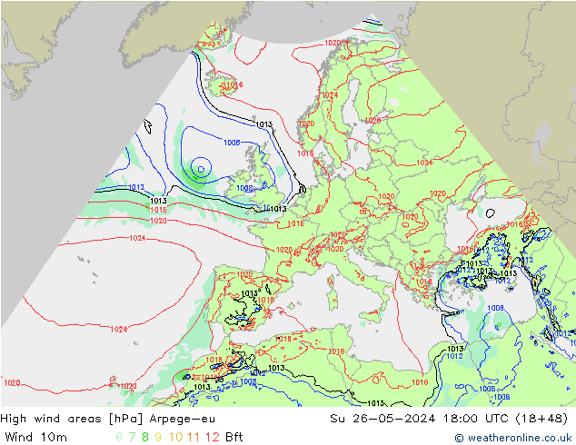 High wind areas Arpege-eu Ne 26.05.2024 18 UTC