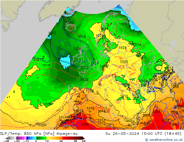 SLP/Temp. 850 hPa Arpege-eu Ne 26.05.2024 15 UTC