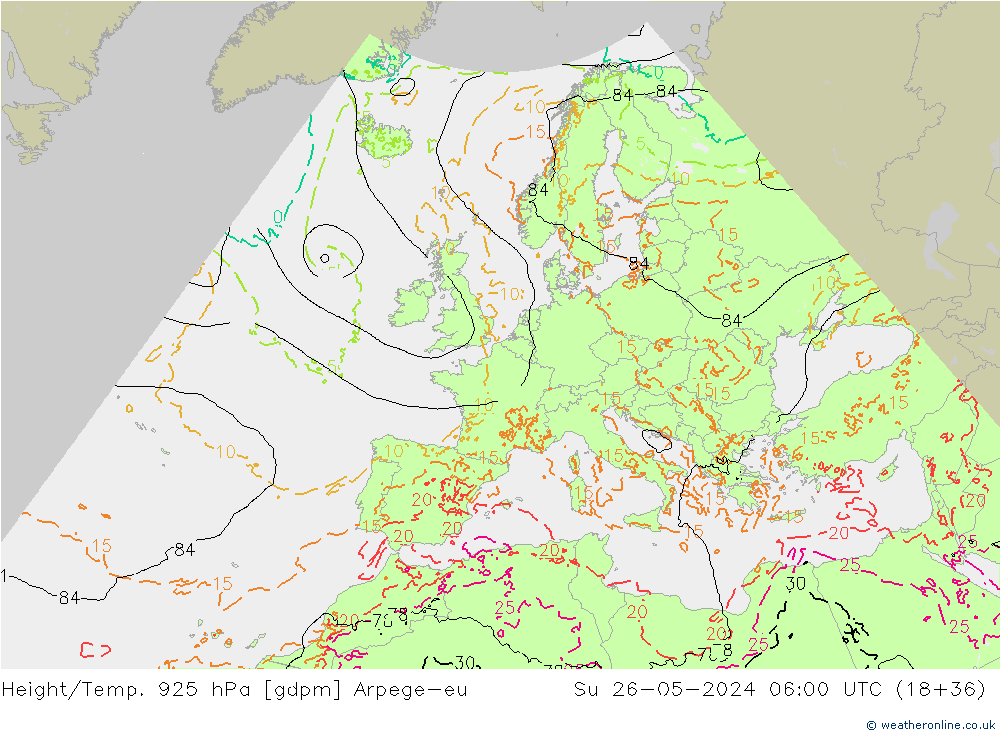 Height/Temp. 925 hPa Arpege-eu  26.05.2024 06 UTC