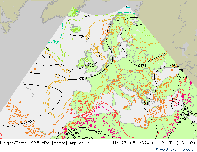 Height/Temp. 925 hPa Arpege-eu Mo 27.05.2024 06 UTC