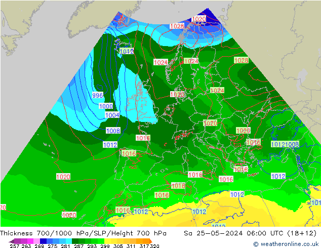 Thck 700-1000 hPa Arpege-eu Sa 25.05.2024 06 UTC