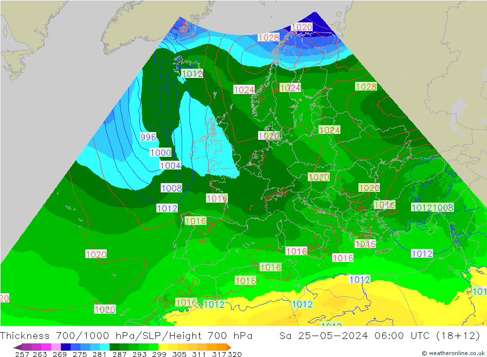 Thck 700-1000 hPa Arpege-eu Sa 25.05.2024 06 UTC