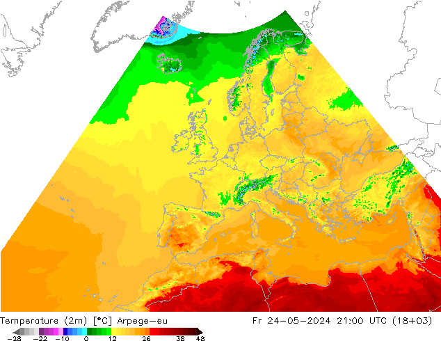 Temperaturkarte (2m) Arpege-eu Fr 24.05.2024 21 UTC