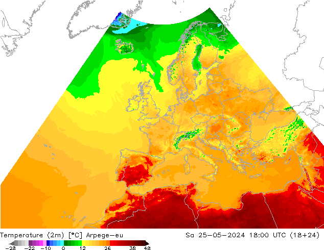 température (2m) Arpege-eu sam 25.05.2024 18 UTC