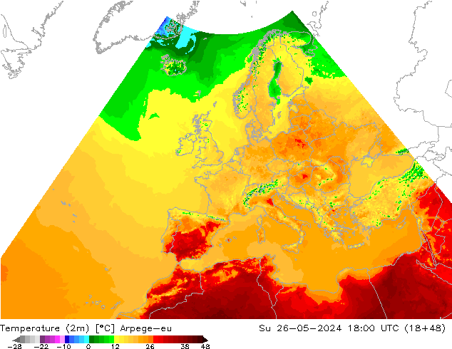 température (2m) Arpege-eu dim 26.05.2024 18 UTC