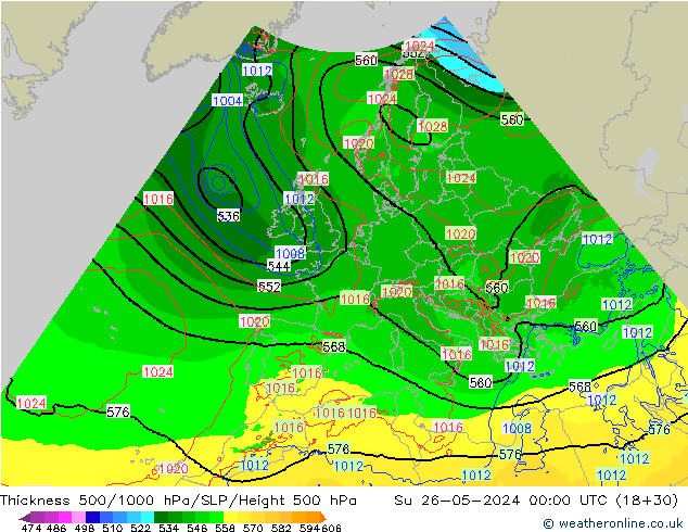 Espesor 500-1000 hPa Arpege-eu dom 26.05.2024 00 UTC