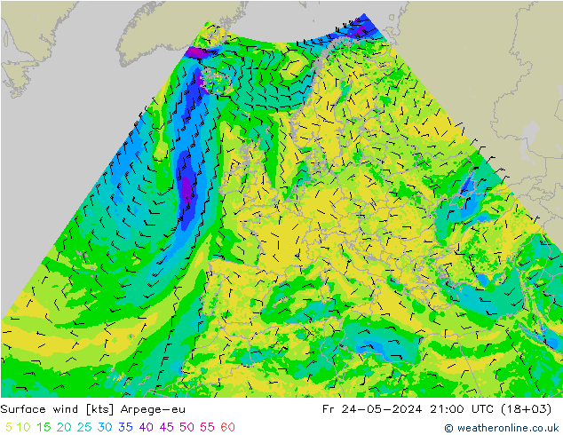 Surface wind Arpege-eu Pá 24.05.2024 21 UTC