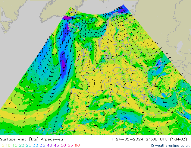 Viento 10 m Arpege-eu vie 24.05.2024 21 UTC