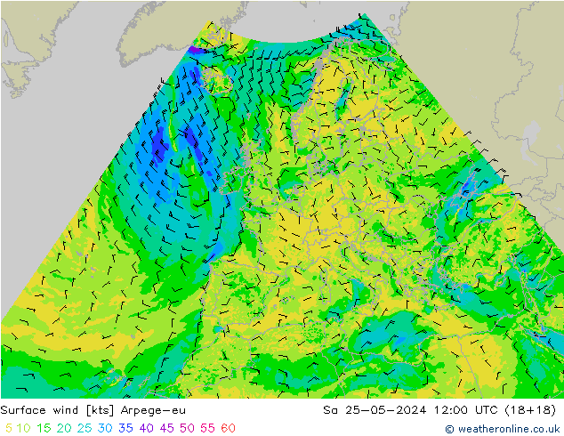 Vento 10 m Arpege-eu sab 25.05.2024 12 UTC