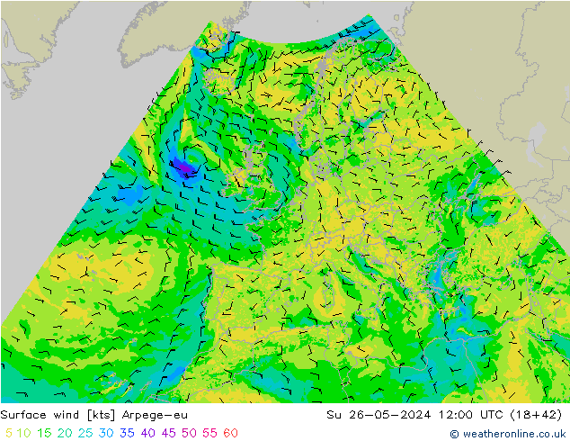 Vento 10 m Arpege-eu Dom 26.05.2024 12 UTC