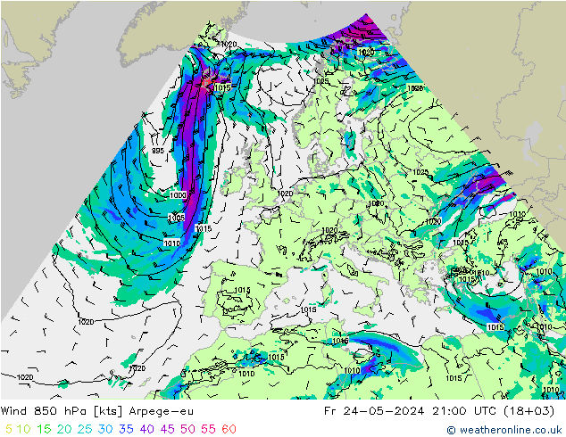 Vento 850 hPa Arpege-eu ven 24.05.2024 21 UTC