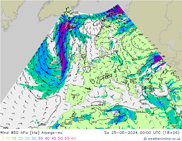 ветер 850 гПа Arpege-eu сб 25.05.2024 00 UTC