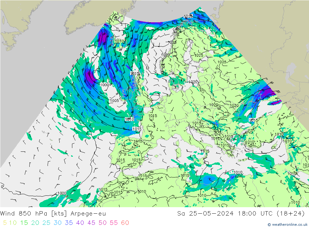 Wind 850 hPa Arpege-eu Sa 25.05.2024 18 UTC