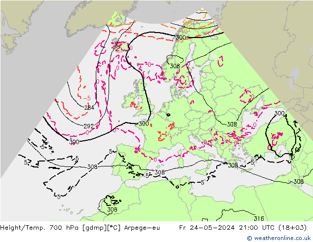 Height/Temp. 700 hPa Arpege-eu 星期五 24.05.2024 21 UTC