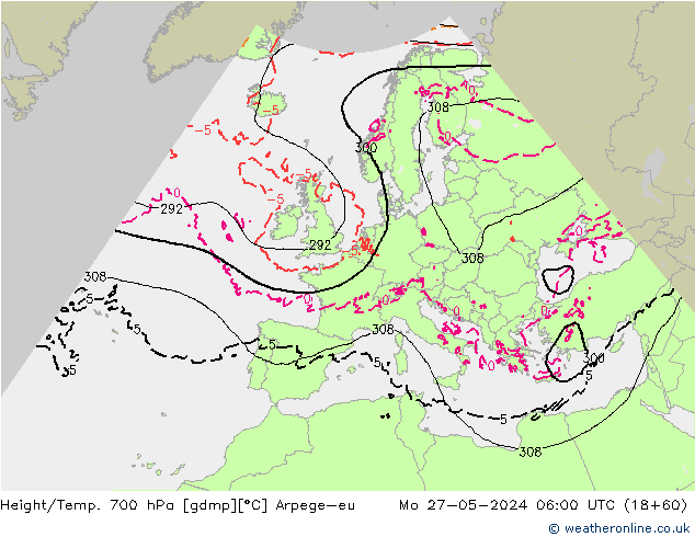 Géop./Temp. 700 hPa Arpege-eu lun 27.05.2024 06 UTC