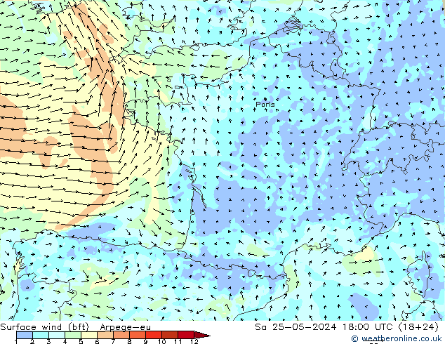 Bodenwind (bft) Arpege-eu Sa 25.05.2024 18 UTC
