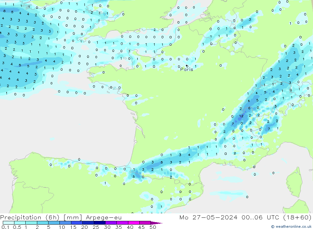 Precipitation (6h) Arpege-eu Mo 27.05.2024 06 UTC