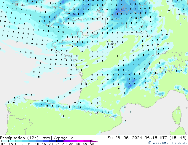 Precipitação (12h) Arpege-eu Dom 26.05.2024 18 UTC