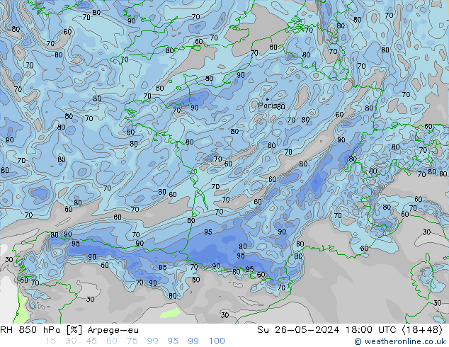 Humidité rel. 850 hPa Arpege-eu dim 26.05.2024 18 UTC